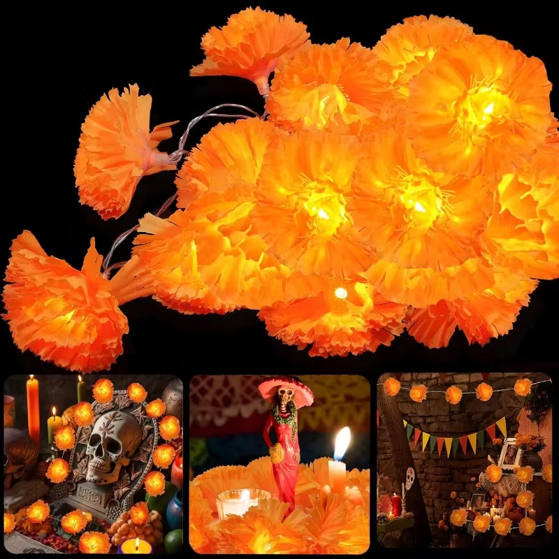 Lighting Decor For Diwali - 5 Ft LED Orange Marigold Garland